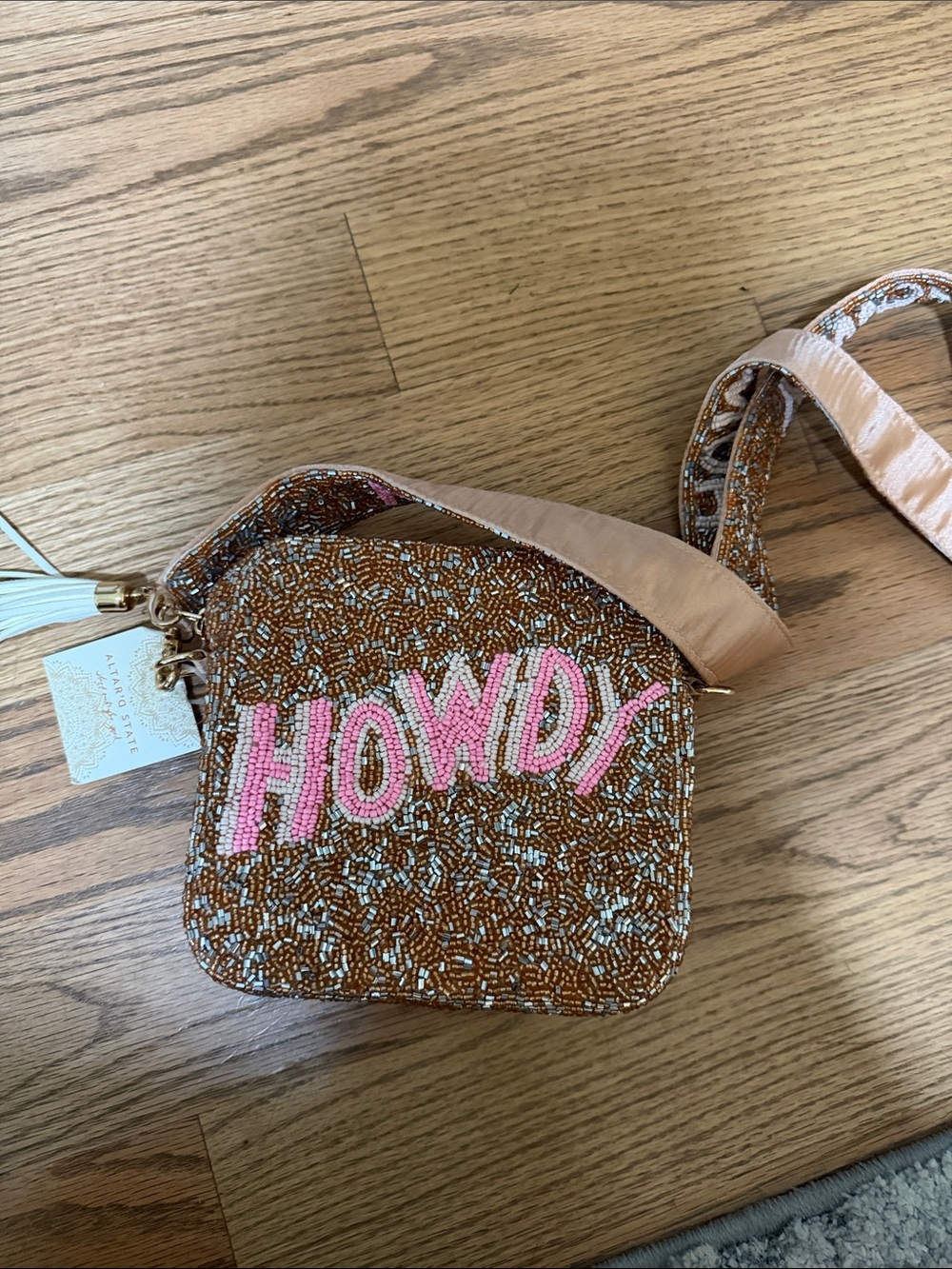 NWT Altard State Beaded 'Howdy' Crossbody Bag in Brown and Pink